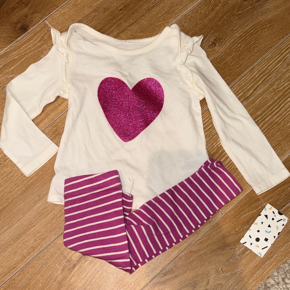 Cream Long Sleeve Top with Pink Heart and Striped Leggings